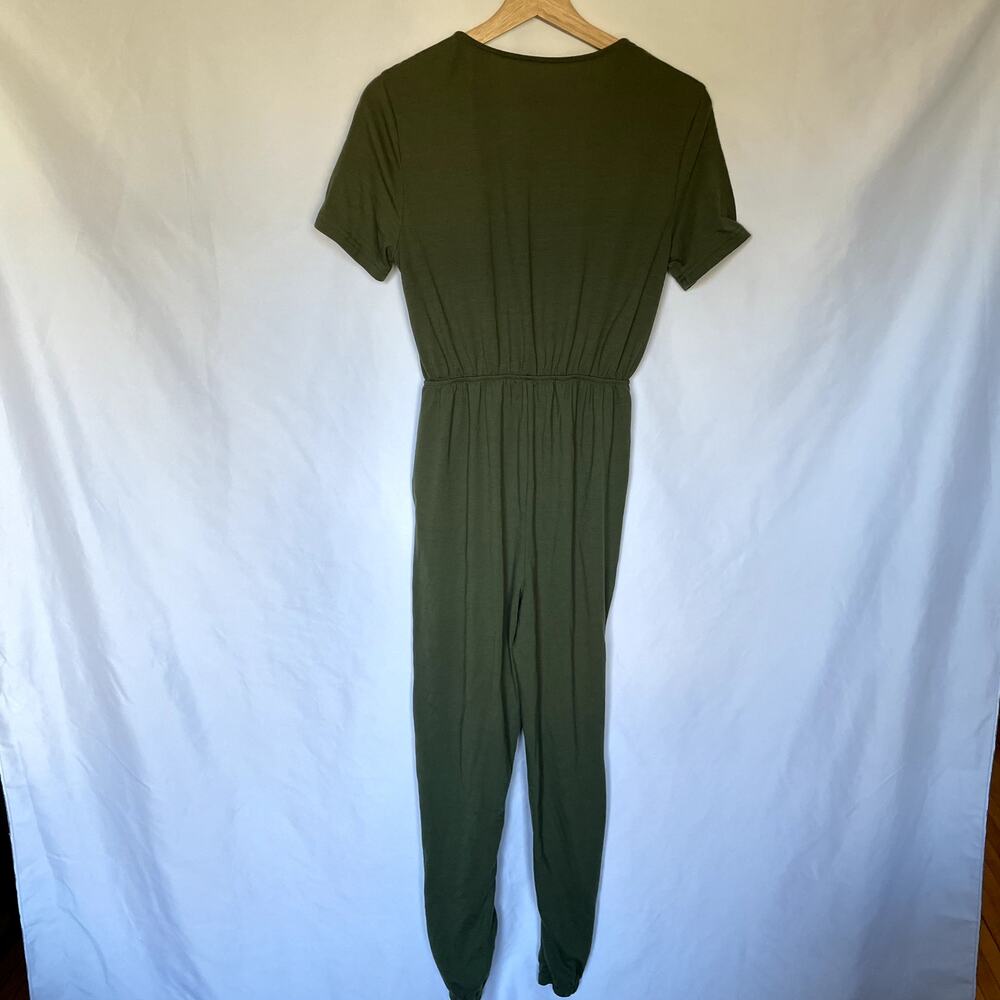 olive green button front drawstring waist jumpsuit pockets women's size small - Picture 8 of 8